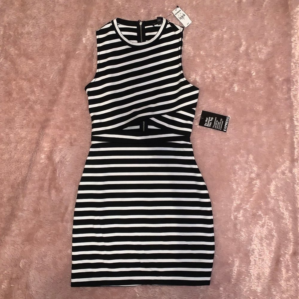 Fitted Black and White Striped Dress with Cut Out